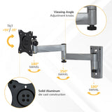 The Mount-It! Full Motion Lockable RV and Trailer TV Mount features a wall-mounted design in gray, tilt range of +55° to -35°, 350° main joint swivel, 180° at other joints, and solid aluminum die-cast construction.