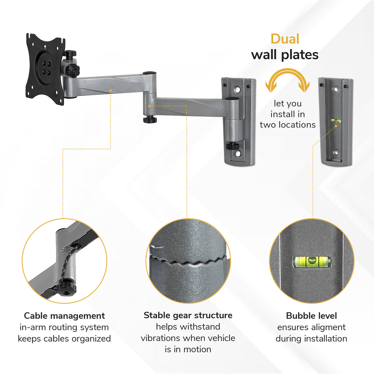 The Mount-It! Full Motion Lockable RV and Trailer TV Mount features gray adjustable arms, two wall plates, cable management, a stable gear structure, and a bubble level for easy installation, secure cable routing, stability, and precise alignment.