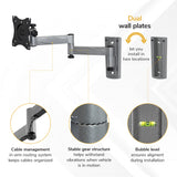 The Mount-It! Full Motion Lockable RV and Trailer TV Mount features gray adjustable arms, two wall plates, cable management, a stable gear structure, and a bubble level for easy installation, secure cable routing, stability, and precise alignment.