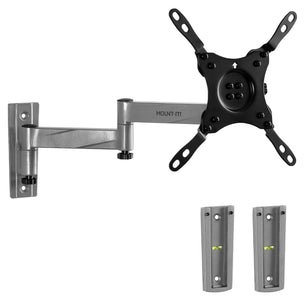 The Mount-It! Full Motion Lockable RV and Trailer TV Mount is a silver, adjustable wall mount with an extendable arm, multiple screw holes, and two wall plates with built-in bubble levels.