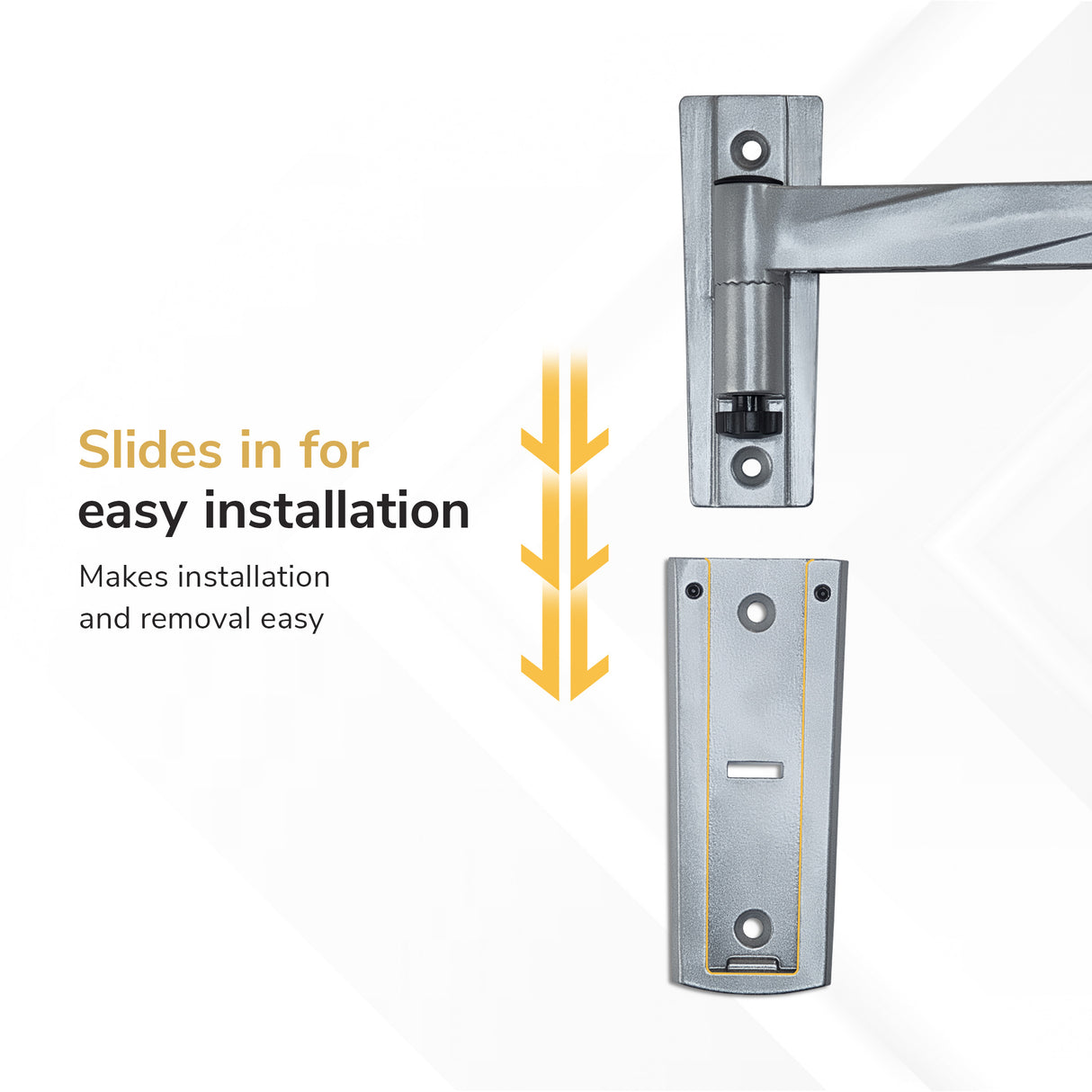The Mount-It! Full Motion Lockable RV and Trailer TV Mount features a metal bracket that slides into a matching wall plate for quick installation and removal. Arrows show the sliding motion; text reads, Slides in for easy installation.