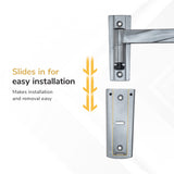 The Mount-It! Full Motion Lockable RV and Trailer TV Mount features a metal bracket that slides into a matching wall plate for quick installation and removal. Arrows show the sliding motion; text reads, Slides in for easy installation.