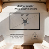 The Mount-It! Full Motion Lockable RV and Trailer TV Mount, shown in a bright room, fits 19–43" TVs or monitors (VESA: 75x75 to 200x200) up to 33 lbs. Ideal for smaller TVs & larger monitors.