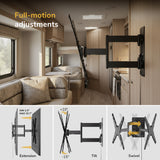The Mount-It! Locking RV and Trailer TV Wall Mount with Detachable Bracket is shown securely holding a flat-screen TV on an RV wall. Diagrams highlight its extension, tilt, and swivel features with labeled angles and distances. Text: “Full-motion adjustments.”.