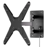 The Mount-It! Locking RV and Trailer TV Wall Mount with Detachable Bracket is a black extendable mount for flat-screen TVs or monitors, featuring an adjustable arm and bottom-right cable, shown against a white background.
