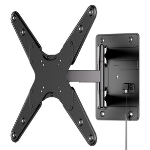 The Mount-It! Locking RV and Trailer TV Wall Mount with Detachable Bracket is a black extendable mount for flat-screen TVs or monitors, featuring an adjustable arm and bottom-right cable, shown against a white background.