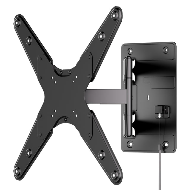 The Mount-It! Locking RV and Trailer TV Wall Mount with Detachable Bracket is a black extendable mount for flat-screen TVs or monitors, featuring an adjustable arm and bottom-right cable, shown against a white background.
