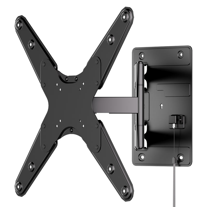The Mount-It! Locking RV and Trailer TV Wall Mount with Detachable Bracket is a black extendable mount for flat-screen TVs or monitors, featuring an adjustable arm and bottom-right cable, shown against a white background.