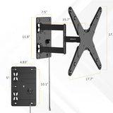 The Mount-It! Locking RV and Trailer TV Wall Mount with Detachable Bracket is shown with labeled inch measurements for its adjustable arm, VESA plate, and wall attachment, highlighting bolt positions for easy installation.