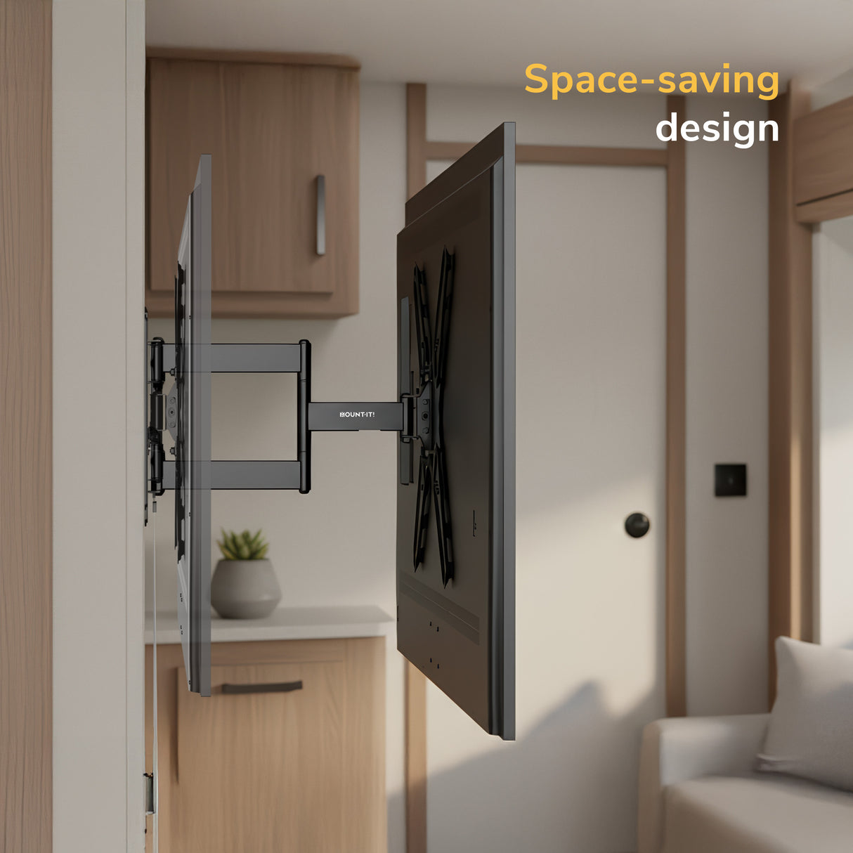 A Mount-It! Locking RV and Trailer TV Wall Mount with Detachable Bracket holds a flat-screen TV sideways in a modern, compact room with wooden cabinets, highlighting its space-saving design. Image text: Space-saving design.