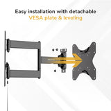 The Mount-It! RV and Trailer TV Wall Mount with Lockable Arm features a detachable VESA 200x200 plate, easy installation, and leveling. An exploded view with text above and yellow arrow shows assembly—perfect for mounting TVs in RVs.