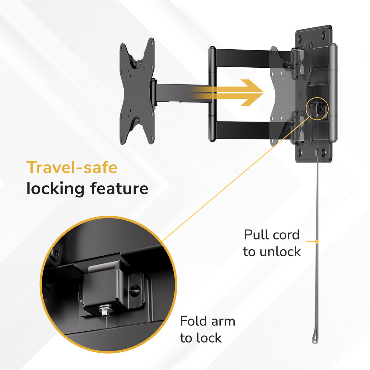 Diagram of the Mount-It! RV and Trailer TV Wall Mount with Lockable Arm, featuring a travel-safe locking system. Instructions show pulling a cord to unlock and folding the arm to lock, plus a close-up of the lock mechanism.