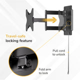 Diagram of the Mount-It! RV and Trailer TV Wall Mount with Lockable Arm, featuring a travel-safe locking system. Instructions show pulling a cord to unlock and folding the arm to lock, plus a close-up of the lock mechanism.