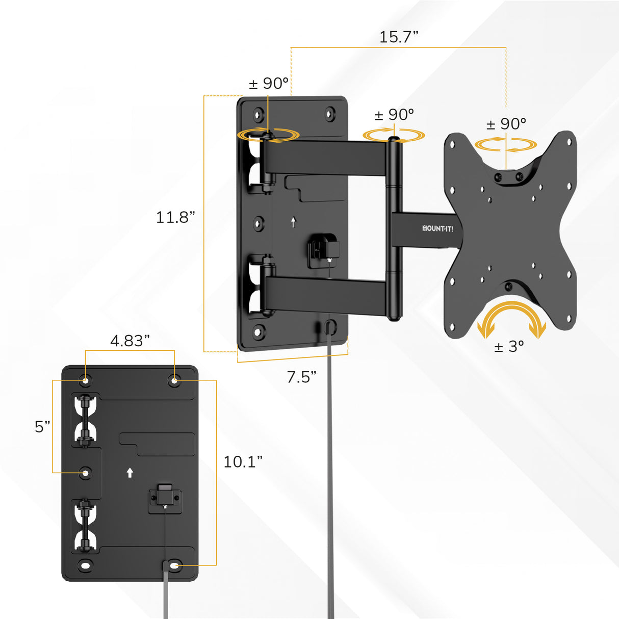 Labeled diagram of the Mount-It! RV and Trailer TV Wall Mount with Lockable Arm in black. The arm extends 15.7", plate height is 11.8", supports VESA 200x200, and tilts ±90° side to side, ±3° up/down.