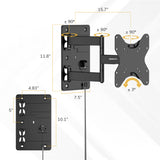 Labeled diagram of the Mount-It! RV and Trailer TV Wall Mount with Lockable Arm in black. The arm extends 15.7", plate height is 11.8", supports VESA 200x200, and tilts ±90° side to side, ±3° up/down.