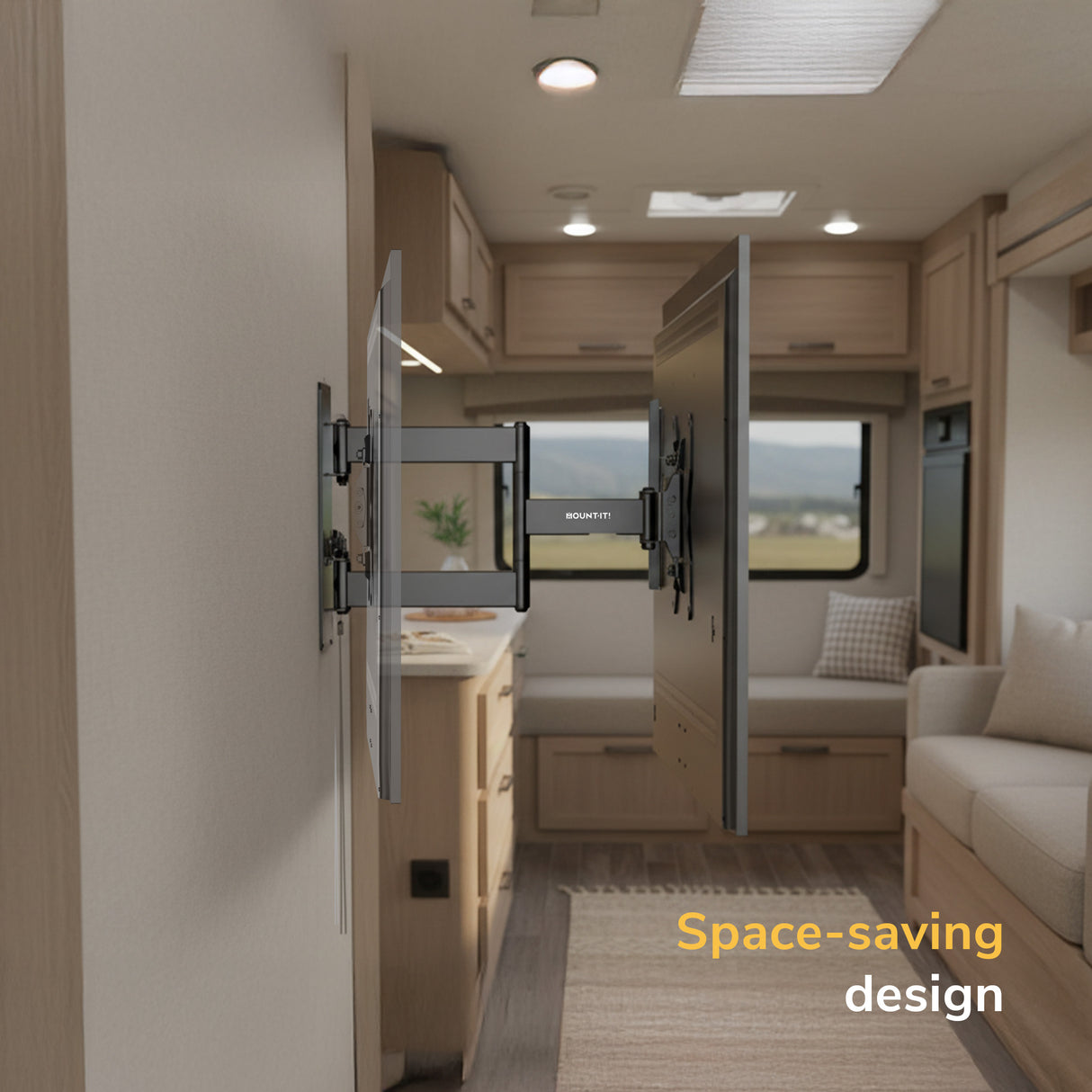 A Mount-It! RV and Trailer TV Wall Mount with Lockable Arm securely holds a flat-screen TV (VESA 200x200) on a swiveling bracket in a compact RV living area with sofa, kitchenette, and window. Text: “Space-saving design.”.