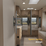 A Mount-It! RV and Trailer TV Wall Mount with Lockable Arm securely holds a flat-screen TV (VESA 200x200) on a swiveling bracket in a compact RV living area with sofa, kitchenette, and window. Text: “Space-saving design.”.