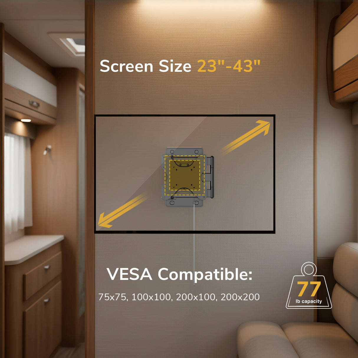 The Mount-It! RV and Trailer TV Wall Mount with Lockable Arm is shown in an RV, featuring VESA 200x200 support for 23-43 inch screens, a 77 lb weight icon, and flexible full motion mounting features.