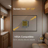 The Mount-It! RV and Trailer TV Wall Mount with Lockable Arm is shown in an RV, featuring VESA 200x200 support for 23-43 inch screens, a 77 lb weight icon, and flexible full motion mounting features.