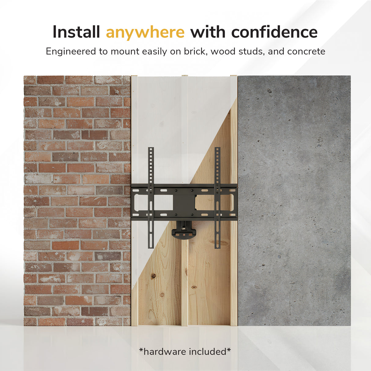 The Mount-It! Full Motion Corner TV Wall Mount attaches to brick, wood studs, and concrete. Top text: Install anywhere with confidence. Bottom text: Hardware included.