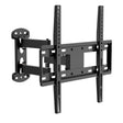 The Mount-It! Full Motion Corner TV Wall Mount is a black bracket for flat-screen TVs with multiple screw holes and extendable arms, allowing flexible positioning.