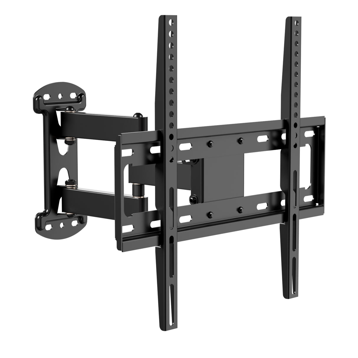 The Mount-It! Full Motion Corner TV Wall Mount is a black bracket for flat-screen TVs with multiple screw holes and extendable arms, allowing flexible positioning.