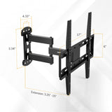 The Mount-It! Full Motion Corner TV Wall Mount features a 4.33" wall plate height, 2.2" arm width, 3.34" mount height, 17" horizontal bar length, 6" vertical bracket height, and extends from 3.25”–15”; perfect for VESA mounting.