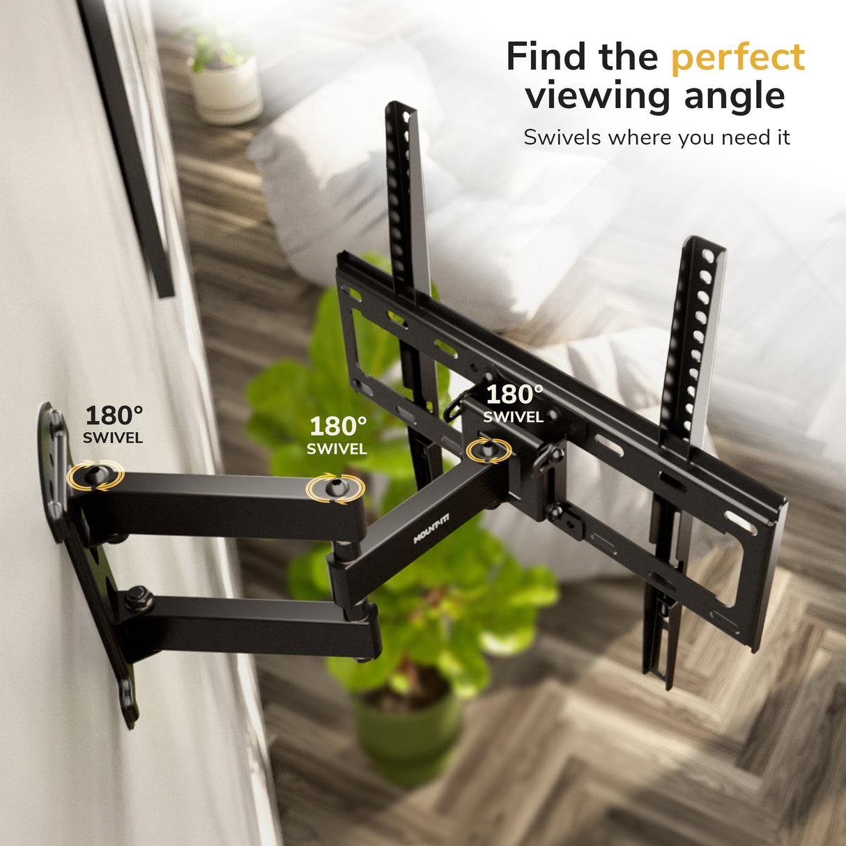 The Mount-It! Full Motion Corner TV Wall Mount is shown on a wall, displaying its 180° swivel and adjustable angles. In the background are a plant and checkered floor, emphasizing flexible viewing.