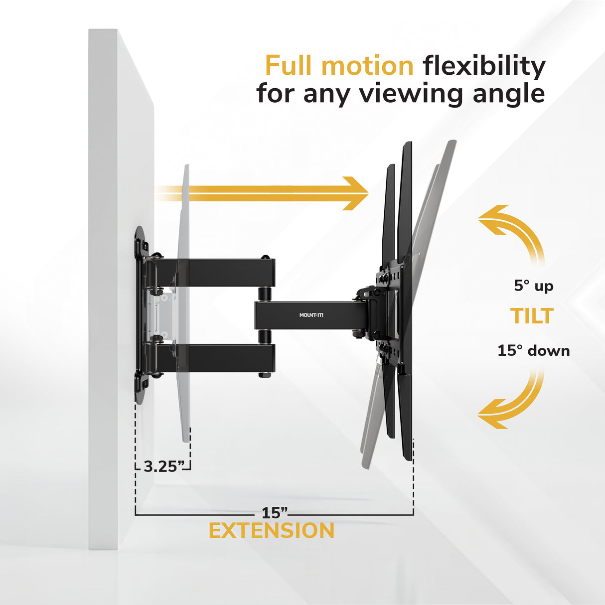Side view diagram of the Mount-It! Full Motion Corner TV Wall Mount, featuring 15" extension, 3.25" retraction, left/right swivel, and ±15° tilt. Provides flexible viewing angles and is perfect as a corner TV mount solution.