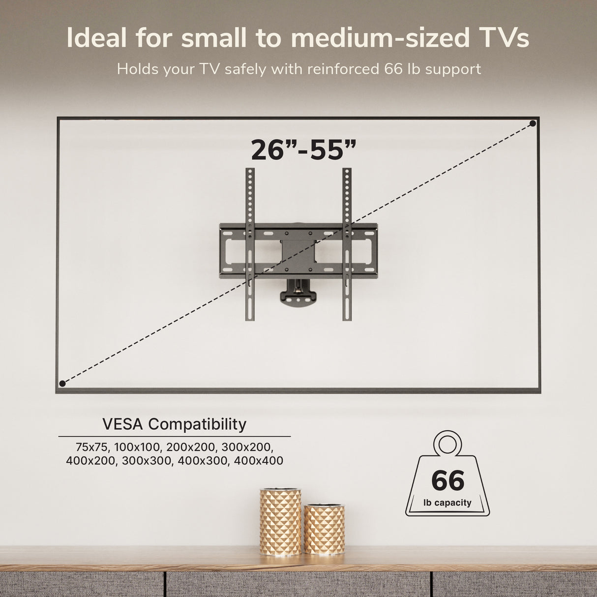 The Mount-It! Full Motion Corner TV Wall Mount is shown on a wall, supporting 26–55 inch TVs up to 66 lbs with multiple VESA sizes. Three woven baskets are on a shelf beneath the mount.