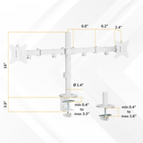 The Mount-It! Full Motion Dual Monitor Desk Mount in white provides ergonomic positioning with 16" height, arm extensions of 6.6", 6.2", and 2.4". Clamp fits desks 0.4"–1.6" thick, with a base diameter of 1.4" and clamp height of 3.9".
