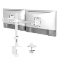 The Mount-It! Full Motion Dual Monitor Desk Mount in white supports two monitors side by side, offering ergonomic positioning with both clamp and grommet mounts for a clean, modern workspace.