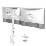 The Mount-It! Full Motion Dual Monitor Desk Mount in white supports two monitors side by side, offering ergonomic positioning with both clamp and grommet mounts for a clean, modern workspace.