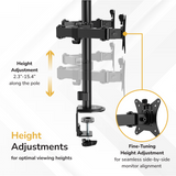 Diagram illustrates the Mount-It! Full Motion Dual Monitor Desk Mount, featuring adjustable height from 2.3" to 15.4" on the pole, clamp mount, and precise ergonomic positioning for side-by-side monitors and optimal viewing.