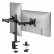 The Mount-It! Full Motion Dual Monitor Desk Mount in black features adjustable arms for ergonomic positioning, securely clamping to the desk edge and holding two flat-screen monitors in landscape orientation.