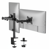 The Mount-It! Full Motion Dual Monitor Desk Mount in black features adjustable arms for ergonomic positioning, securely clamping to the desk edge and holding two flat-screen monitors in landscape orientation.