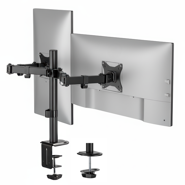 The Mount-It! Full Motion Dual Monitor Desk Mount in black features adjustable arms for ergonomic positioning, securely clamping to the desk edge and holding two flat-screen monitors in landscape orientation.