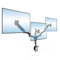 Triple Monitor Mount with Gas Spring Arms showing adjustable steel arms and clamp base securely holding three monitors side by side, designed for smooth height adjustments, tilt, swivel, and rotation for ergonomic workspace organization and reduced glare.