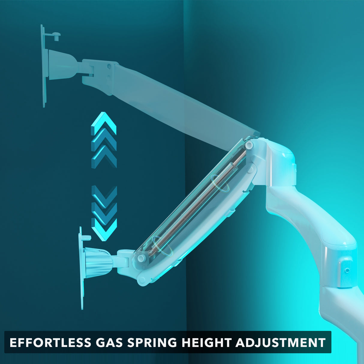 Detailed digital illustration of the gas spring arm mechanism in a Triple Monitor Mount with Gas Spring Arms, demonstrating smooth and effortless height adjustment, designed to support and position multiple monitors with precision and ease for an organized and ergonomic workspace.