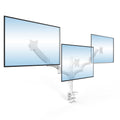 Triple Monitor Mount with Gas Spring Arms holding three adjustable flat-screen monitors side by side, mounted on a sturdy clamp attached to a desk, showcasing smooth, flexible positioning with tilt, swivel, and rotation capabilities for ergonomic comfort and a clean, organized workspace ideal for office or home use.