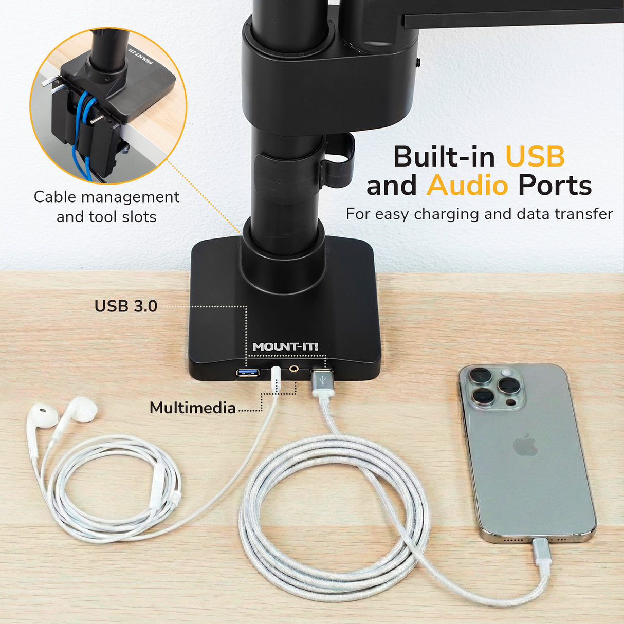 Heavy Duty Monitor Desk Mount w/ USB & Multimedia Ports