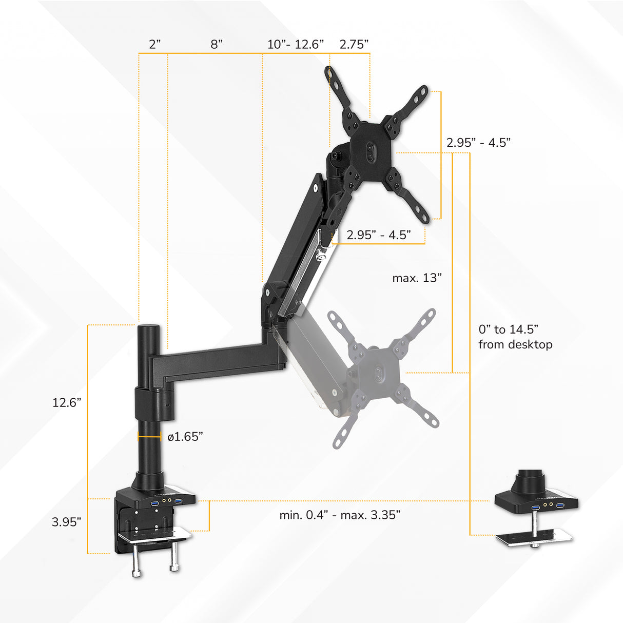 Heavy Duty Monitor Desk Mount w/ USB & Multimedia Ports