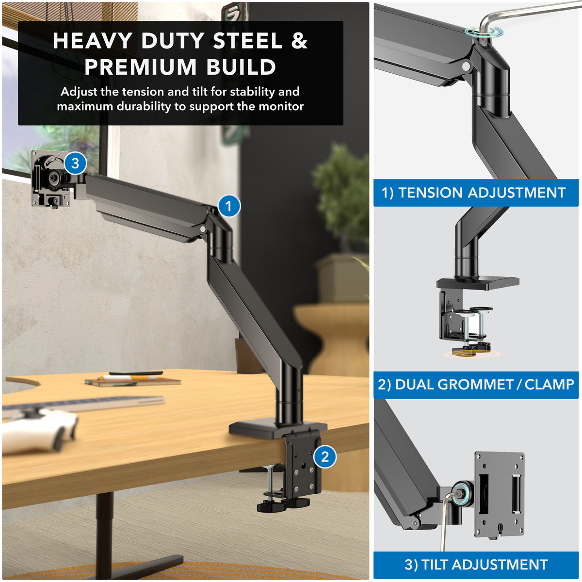 Heavy-Duty Single Monitor Desk Mount with Gas Spring Arm