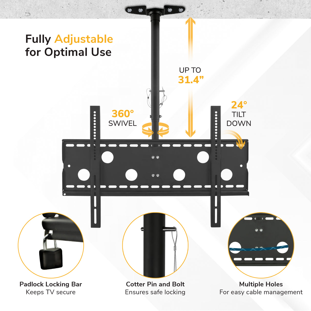 The Mount-It! Full-Motion TV Ceiling Mount offers a 31.4-inch adjustable height range, 360° swivel, 24° downward tilt, padlock locking bar, cotter pin and bolt for safety, and multiple holes for cable management.