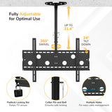 The Mount-It! Full-Motion TV Ceiling Mount offers a 31.4-inch adjustable height range, 360° swivel, 24° downward tilt, padlock locking bar, cotter pin and bolt for safety, and multiple holes for cable management.