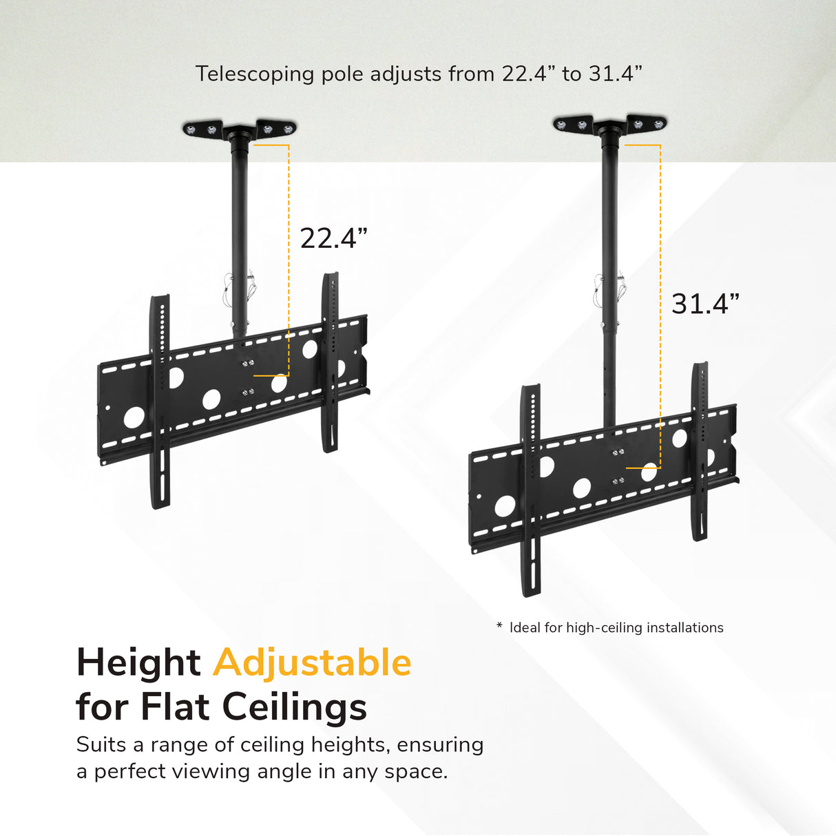 Image of the Mount-It! Full-Motion TV Ceiling Mount in black, featuring a telescoping pole adjustable from 22.4 to 31.4 inches for flat ceilings, plus tilt functionality for versatile viewing and easy fit to varying ceiling heights.