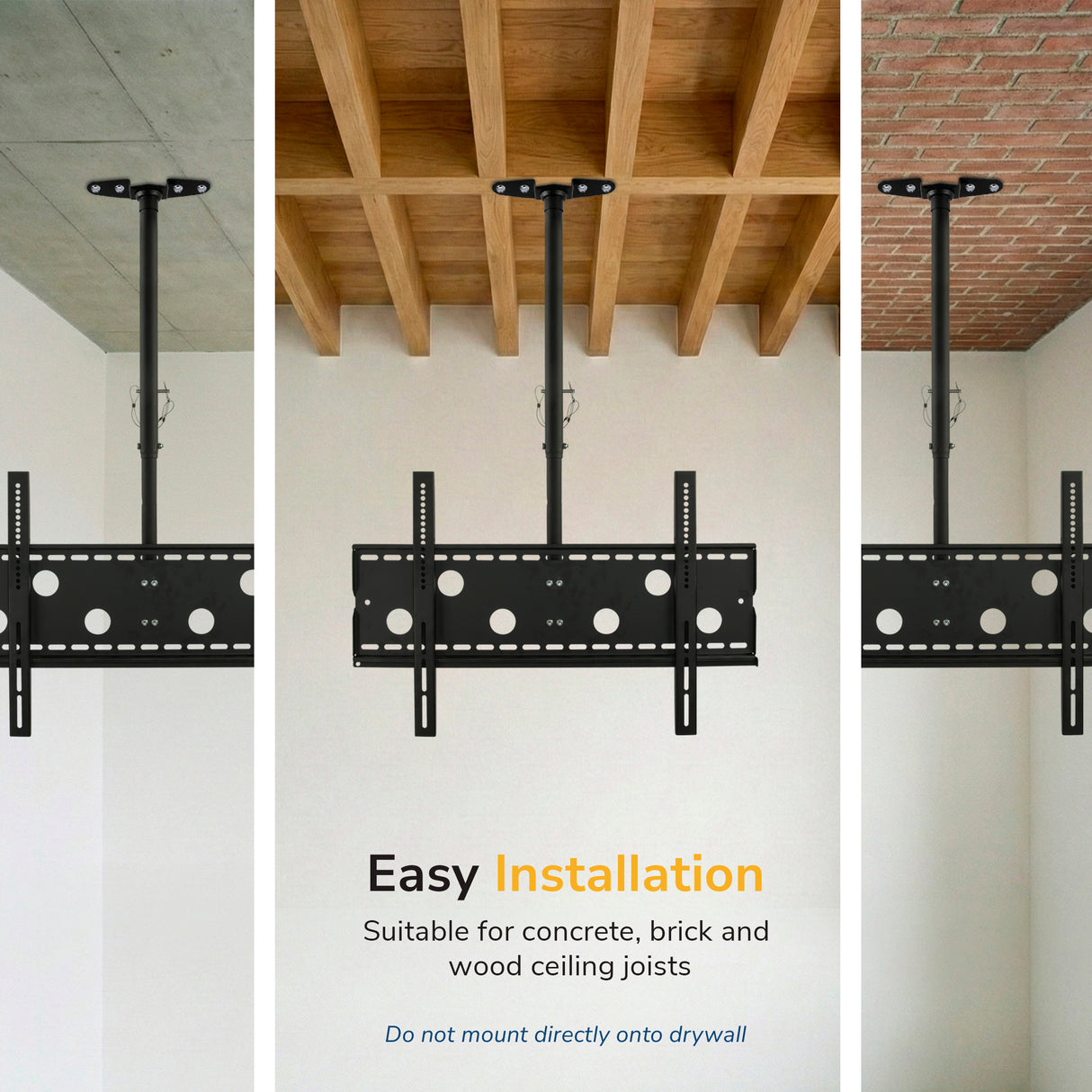 Three panels display the Mount-It! Full-Motion TV Ceiling Mount installed on concrete, wood beams, and brick. Text below: Easy installation—fits concrete, brick, and wood joists. Do not mount directly on drywall.
