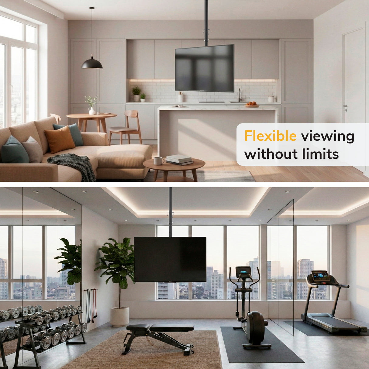 Split image: Top shows a modern living room and kitchen with the Mount-It! Full-Motion TV Ceiling Mount; bottom features a gym with cardio equipment, weights, and a ceiling-mounted TV. Text reads: Flexible viewing without limits.