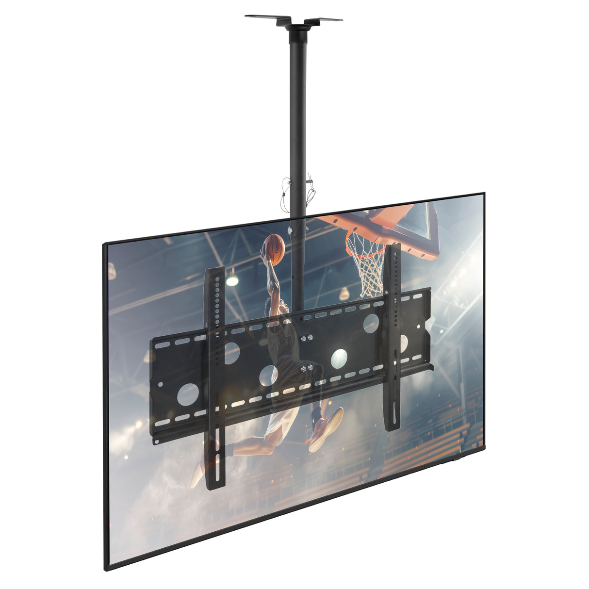 A basketball player leaps for a dunk on a flat-screen TV mounted to the ceiling with the black Mount-It! Full-Motion TV Ceiling Mount in a brightly lit indoor arena.