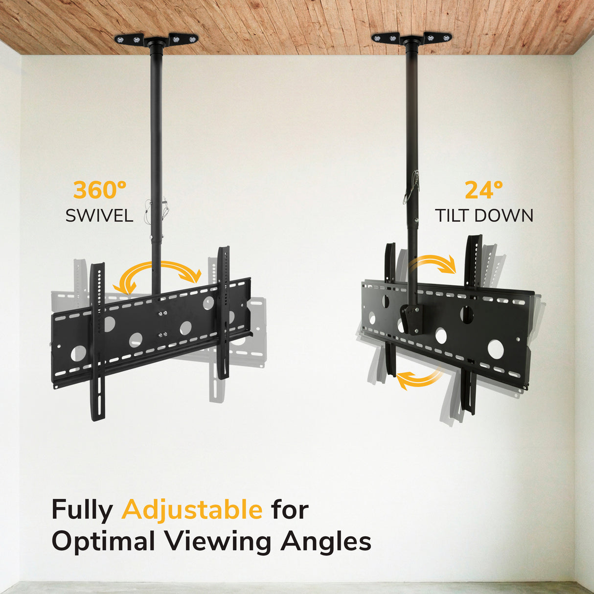 The Mount-It! Full-Motion TV Ceiling Mount is shown on a white wall with a brown wooden ceiling above, featuring 360° swivel and 24° tilt down for fully adjustable, optimal viewing angles. Text reads: “Fully Adjustable for Optimal Viewing Angles.”.